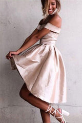 A-Line Off-Shoulder Satin Asymmetrical High-Low Prom Dress with Pleats