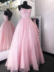 Shiny Backless Long Prom Dresses, Pink Formal Evening Dresses