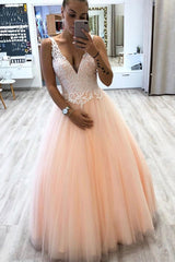 A-Line V-Neck Tulle Floor-Length Prom Dress with Lace Appliques