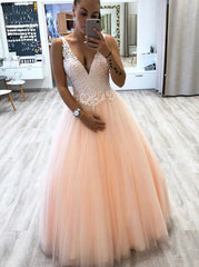 A-Line V-Neck Tulle Floor-Length Prom Dress with Lace Appliques
