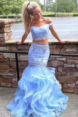Mermaid Prom Dresses Two-Piece Light Blue with Layered Skirt