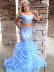 Mermaid Prom Dresses Two-Piece Light Blue with Layered Skirt