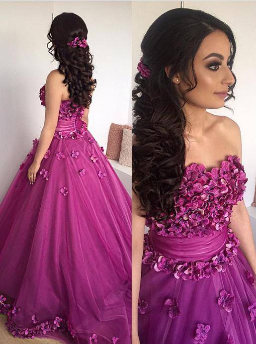 Sweetheart Prom Dresses, Long Ball Gown 3D Appliques Quinceanera Gown