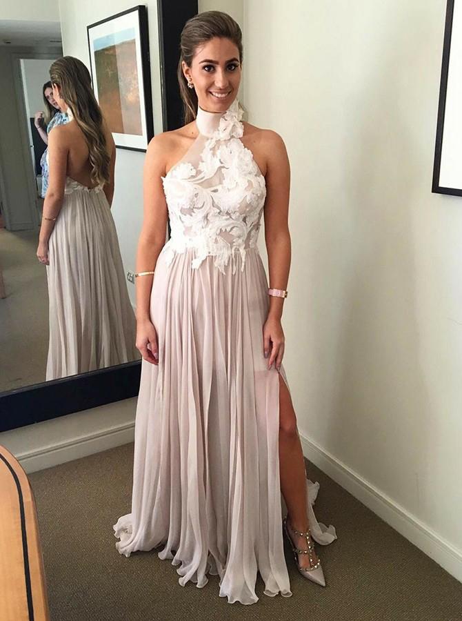 Long Halter Backless Prom Dresses with Appliques, Evening Party Gown