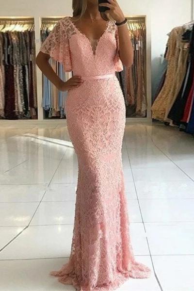 Mermaid V-Neck Short Sleeve Beaded Lace Long Prom Dresses