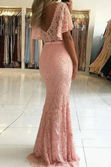 Mermaid V-Neck Short Sleeve Beaded Lace Long Prom Dresses