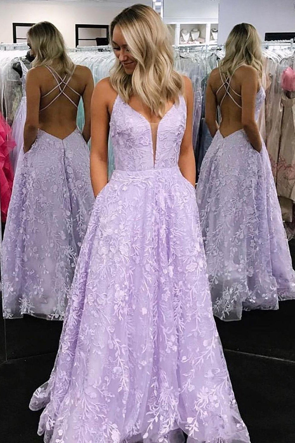 A-Line Long Lilac Lace Prom Dress with Pockets