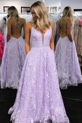 A-Line Long Lilac Lace Prom Dress with Pockets