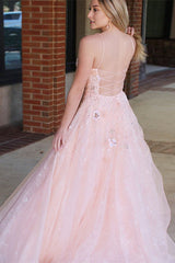 A-Line V-Neck Blush Tulle Backless Long Prom Dress