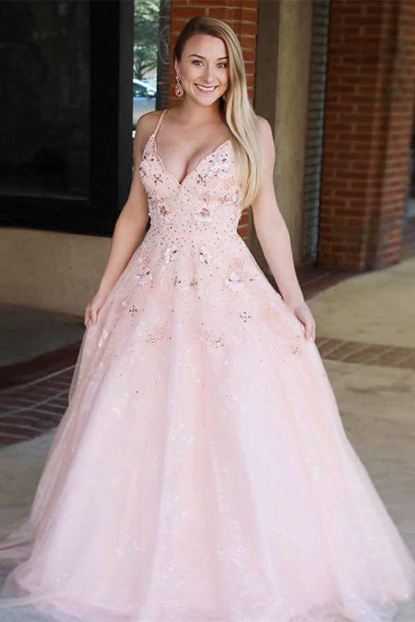 A-Line V-Neck Blush Tulle Backless Long Prom Dress