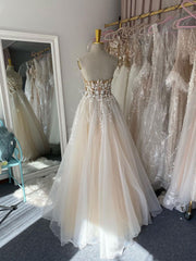 Champagne A-Line Tulle Strapless Wedding Dresses, Beach Bridal Gown
