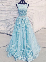Round Neckline Sky Blue Tulle Appliques Long Prom Dresses with Beading