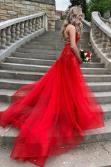 Red V-neck Tulle Long Prom Dresses, Backless Long Evening Dress