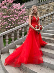 Red V-neck Tulle Long Prom Dresses, Backless Long Evening Dress