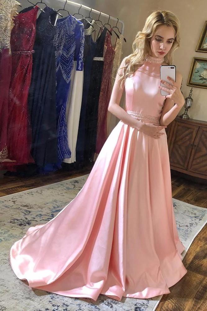 Backless A-Line Halter Pink Satin Prom Dresses Formal Party Gown
