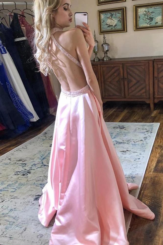 Backless A-Line Halter Pink Satin Prom Dresses Formal Party Gown