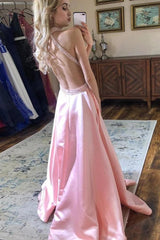 Backless A-Line Halter Pink Satin Prom Dresses Formal Party Gown
