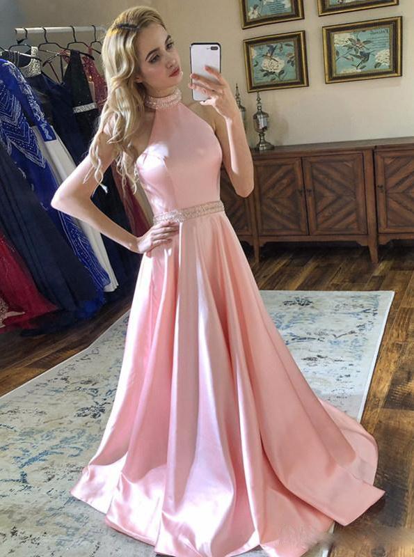 Backless A-Line Halter Pink Satin Prom Dresses Formal Party Gown