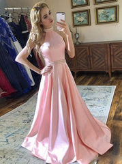 Backless A-Line Halter Pink Satin Prom Dresses Formal Party Gown