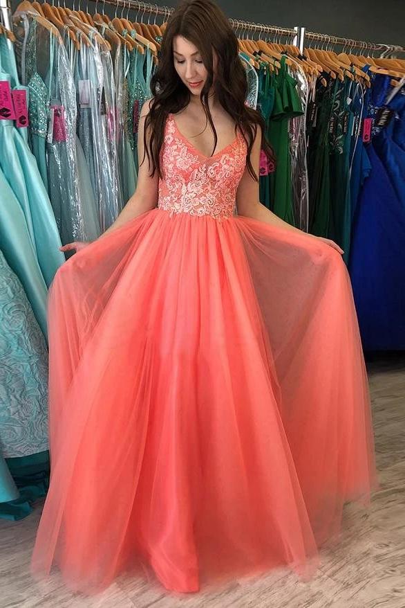 A-Line V-Neck Tulle Coral Long Prom Dresses with Lace Applique