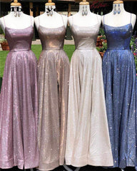 A-Line Sparkle Long Prom Dresses with Split, Backless Evening Dress