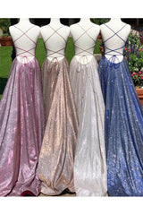 A-Line Sparkle Long Prom Dresses with Split, Backless Evening Dress