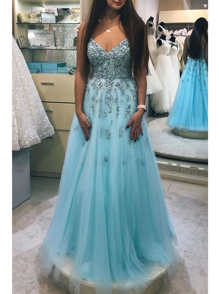 A-Line V-Neck Beaded Prom Dresses, Tulle Floor Length Party Gowns