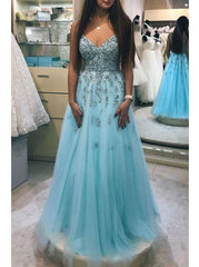A-Line V-Neck Beaded Prom Dresses, Tulle Floor Length Party Gowns