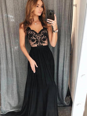 A-Line V-Neck Black Lace Prom Dresses, Black Evening Dresses