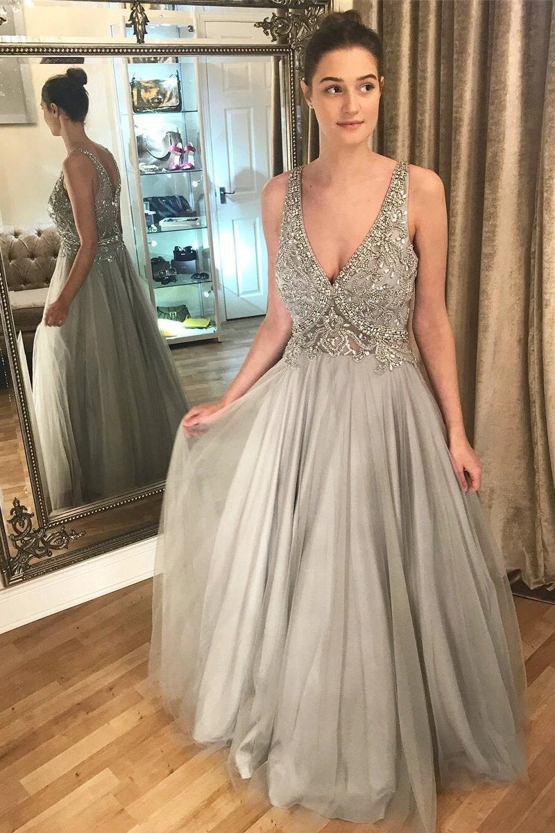 A-Line V-Neck Long Tulle Prom Dresses, Beaded Grey Evening Dresses
