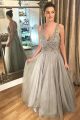 A-Line V-Neck Long Tulle Prom Dresses, Beaded Grey Evening Dresses