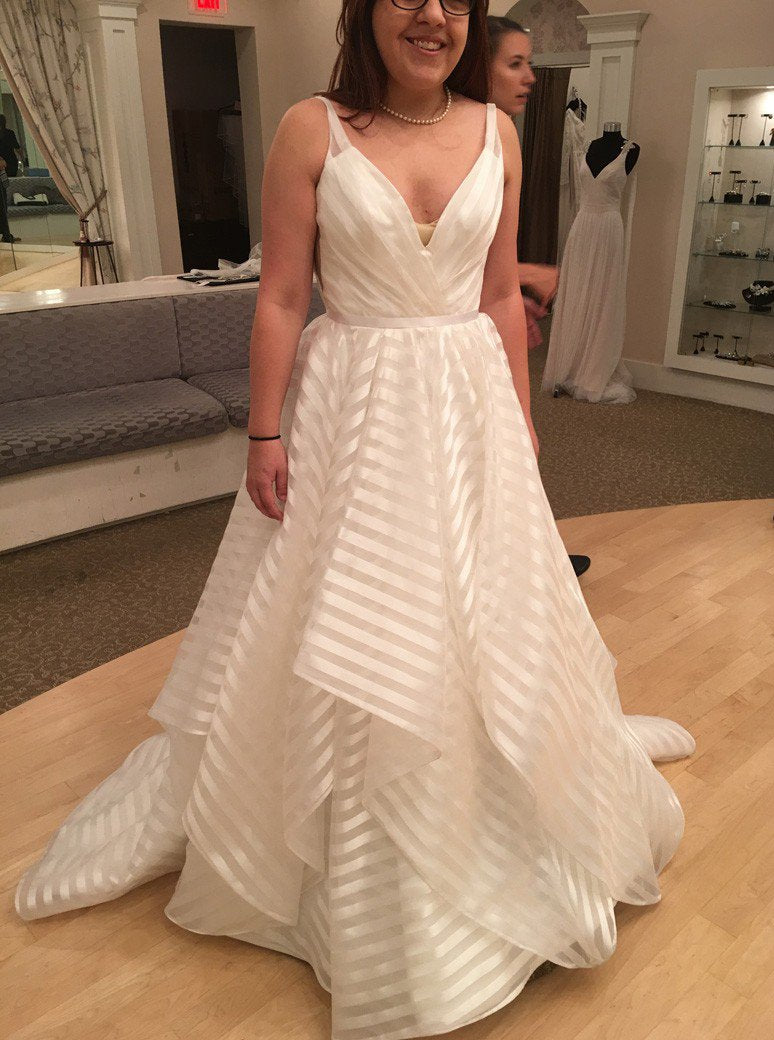 Deep V-Neck Plus Size Organza Wedding Dress with Stripes and Open Back
