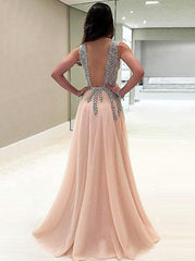 Luxurious A-Line V-Neck Beads Open Back Tulle Slit Prom Dresses