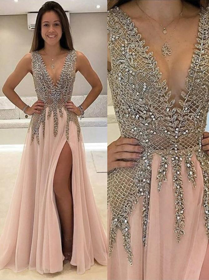 Luxurious A-Line V-Neck Beads Open Back Tulle Slit Prom Dresses