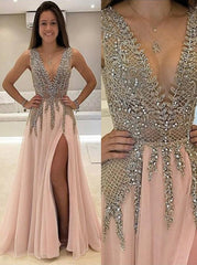 Luxurious A-Line V-Neck Beads Open Back Tulle Slit Prom Dresses