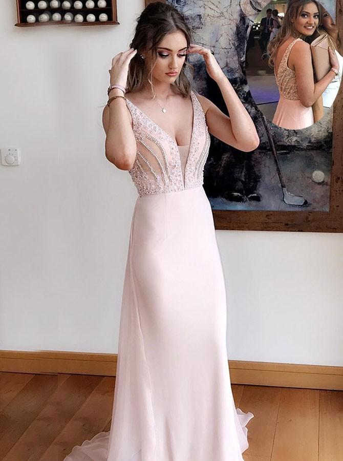 Deep V-Neck Chiffon Sheath Pearl Pink Prom Dress with Beading