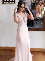 Deep V-Neck Chiffon Sheath Pearl Pink Prom Dress with Beading