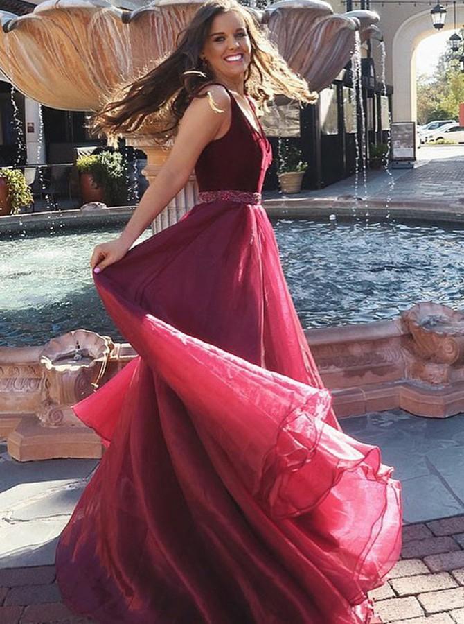 Elegant A-Line V-Neck Beading Waist Chiffon Long Burgundy Prom Dress