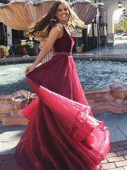 Elegant A-Line V-Neck Beading Waist Chiffon Long Burgundy Prom Dress