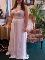 A-Line Halter Lace Beaded Chiffon Plus Size Long Prom Dress