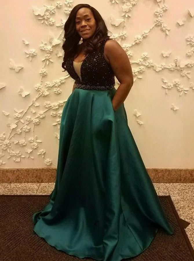 Elegant A-Line V-Neck Beaded Satin Long Plus Size Prom Dress with Pockets