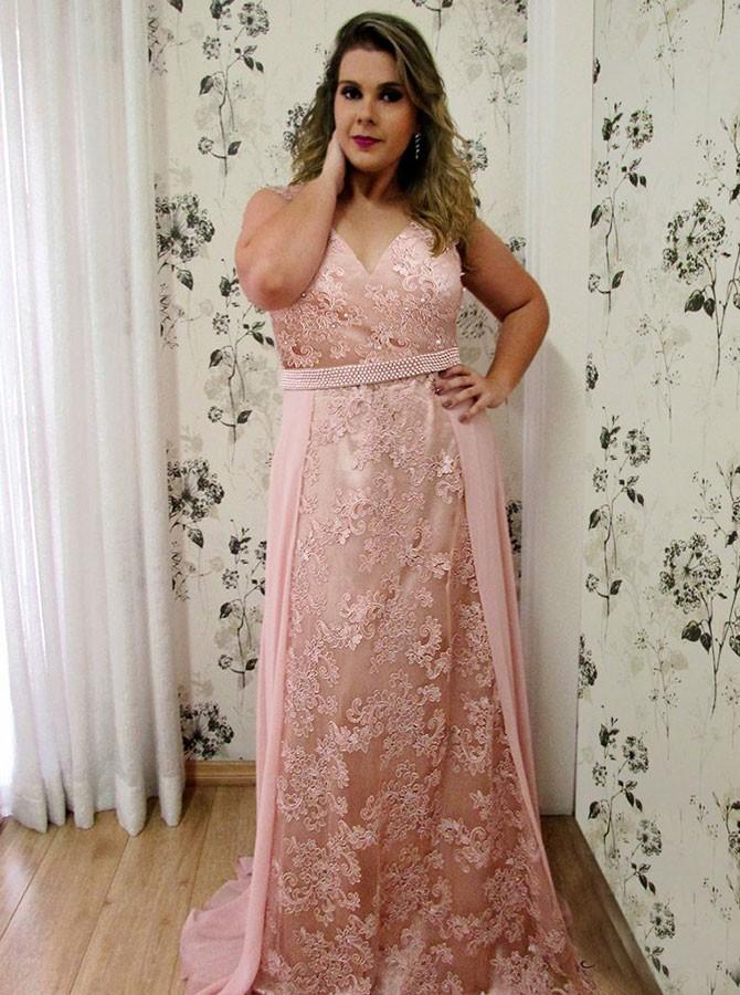 A-Line V-Neck Lace Plus Size Prom Dress with Beaded Overskirt