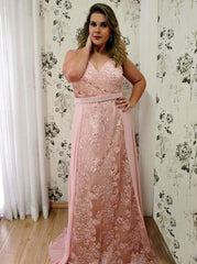 A-Line V-Neck Lace Plus Size Prom Dress with Beaded Overskirt