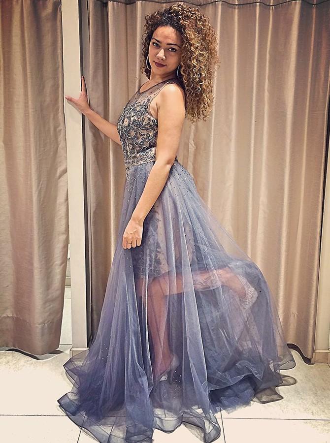 A-Line Round Neck 2-in-1 Detachable Prom Dress with Lace Beading