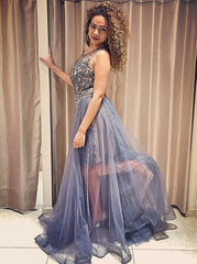A-Line Round Neck 2-in-1 Detachable Prom Dress with Lace Beading