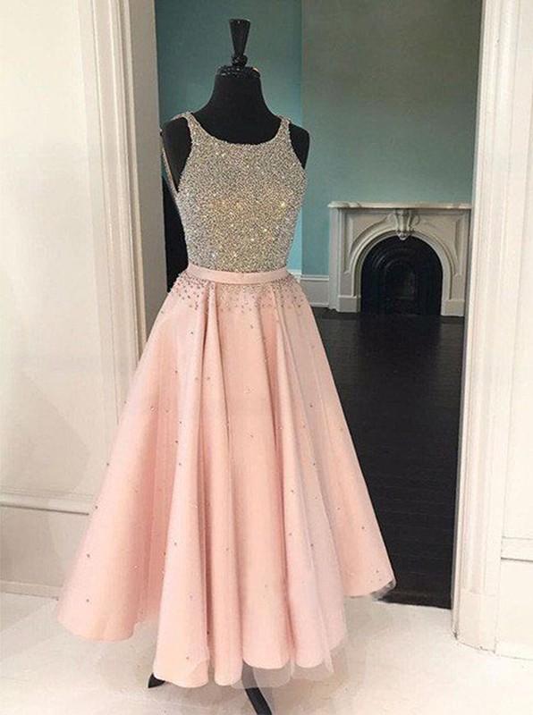 A-Line Tulle Beading Scoop Tea-Length Prom Dress