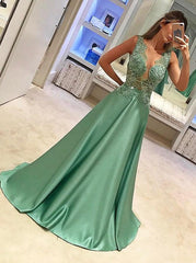 Elegant A-Line Satin Appliques Beading Long Prom Dress