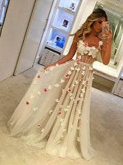 Beautiful A-Line Spaghetti Straps Tulle Handmade Flowers Prom Dress