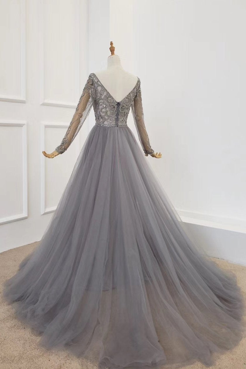 Elegant A-Line V-Neck Tulle Beading Long Sleeves Silver Prom Dress