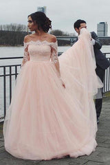 Off-Shoulder Lace Appliques Long Sleeve Tulle Pink Wedding Dresses